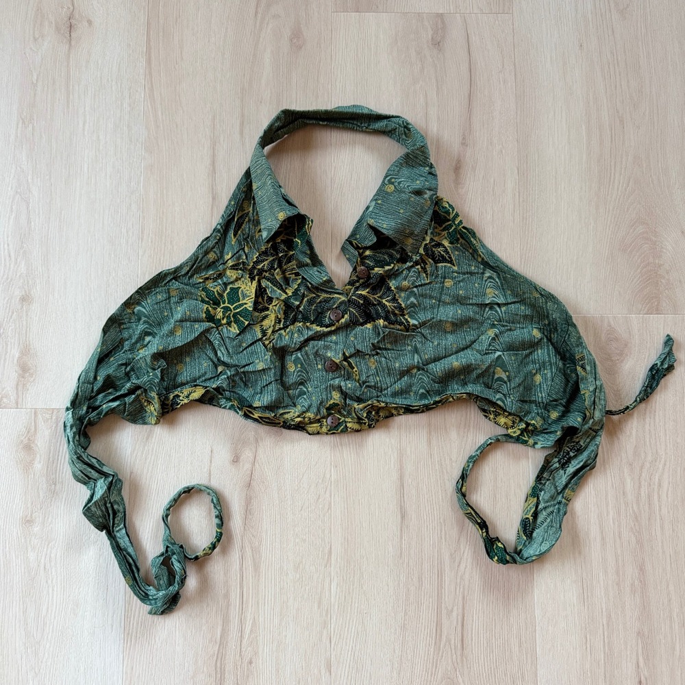 Wenger Hawaiian Inspirations Rayon Halter Top‎ Tie back Green Floral OS Tropical